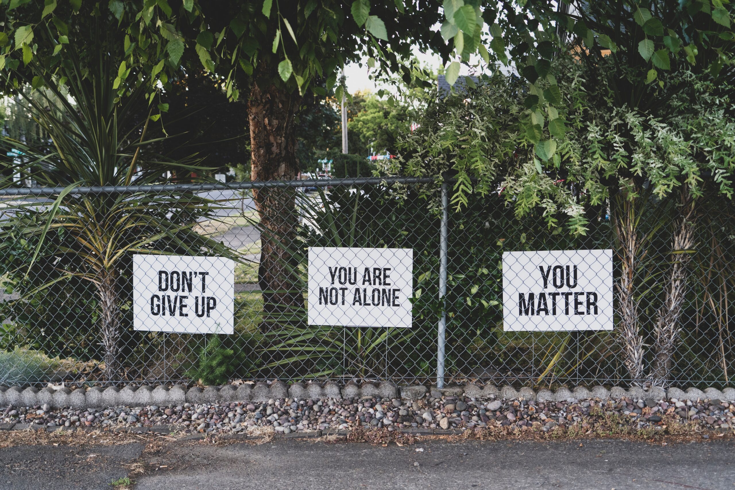 Don't Give Up. You Are Not Alone. You Matter Signage on a Metal Fence in Front of Green Trees.